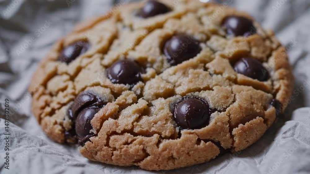 Delicious chocolate chip cookie being lifted from crinkled parchment paper closeup Delicious chocolate chip cookie being lifted from crinkled parchment paper closeup