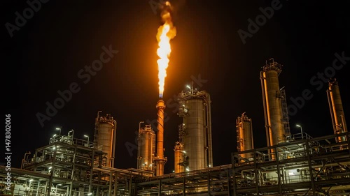 Industrial oil refinery at night with flame flaring from tower  