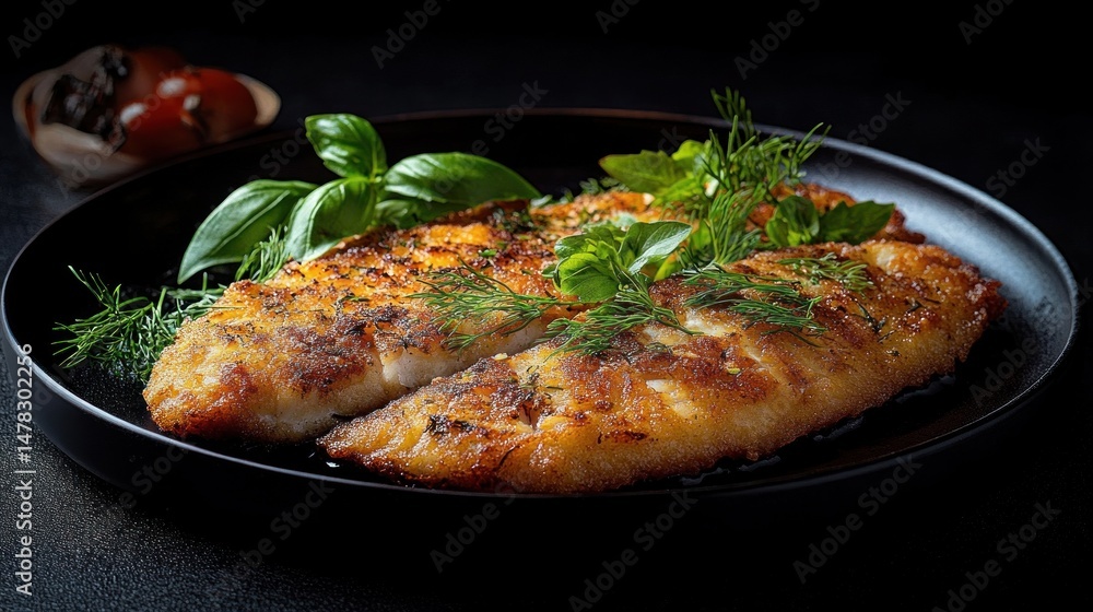 Golden crispy fried fish fillets garnished with fresh green herbs served on a black plate with a blurred side of roasted tomatoes Golden crispy fried fish fillets garnished with fresh green herbs served on a black plate with a blurred side of roasted tomatoes