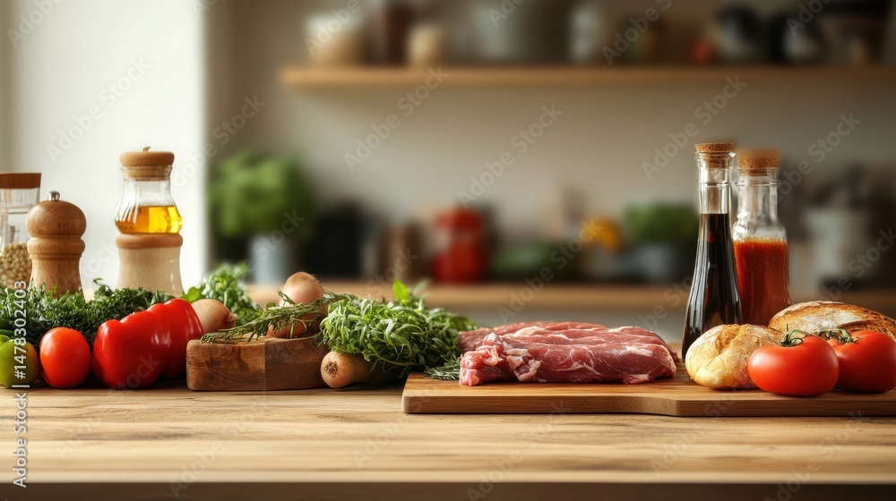 Fresh Ingredients on a Wooden Counter in a Cozy Kitchen Environment Fresh Ingredients on a Wooden Counter in a Cozy Kitchen Environment