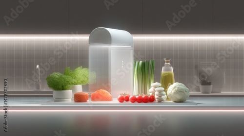 Obraz na płótnie A futuristic kitchen where an AGIcontrolled cooking system prepares meals based on realtime assessments of an individuals gut microbiome and circadian needs featuring an array of fresh w salonie