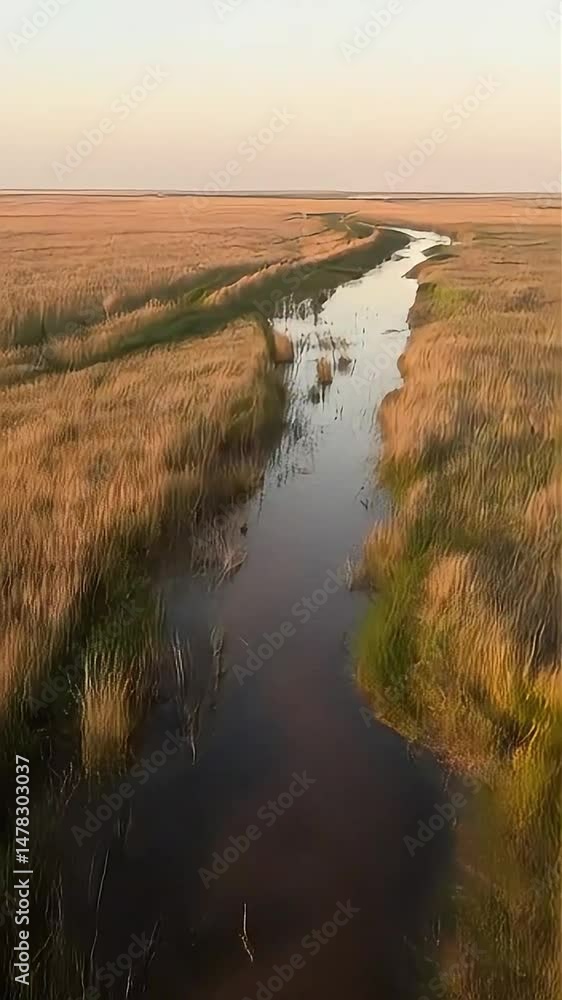 Flowing River Through Grassy Field at Dusk Aerial View Flowing River Through Grassy Field at Dusk Aerial View