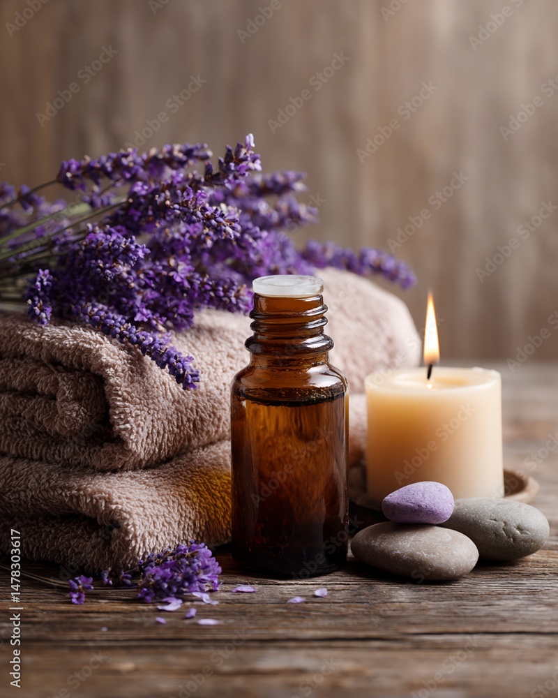 Lavender Essential Oil, Candle, and Towels on Wooden Surface Lavender Essential Oil, Candle, and Towels on Wooden Surface