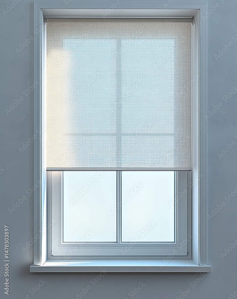 Obraz premium Bright clean window with a white roller blind partially lowered, soft natural light filtering through translucent fabric in a neutral-toned room