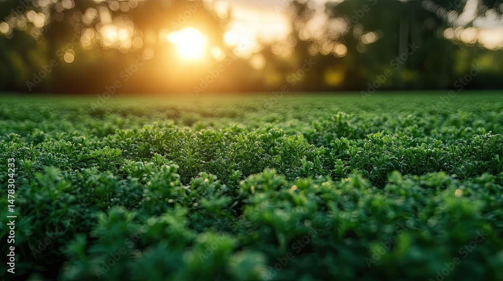 Naklejka premium Sunset over lush green field. (2)