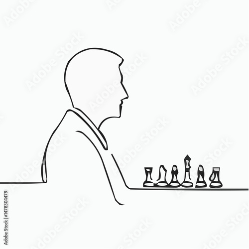Man contemplating chess pieces in minimalistic line art style  