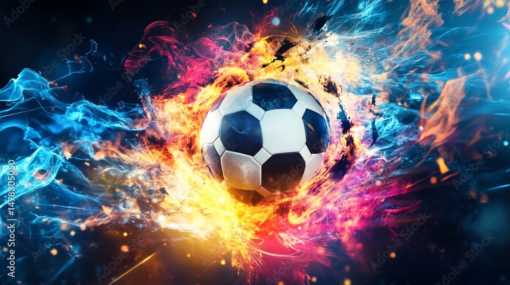 Naklejka premium Dynamic soccer ball with fiery and icy effects, creating a vibrant and energetic visual