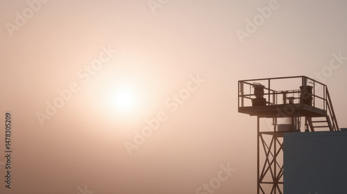 solar thermal plant in saudi arabia enveloped in morning mist and soft sunlight