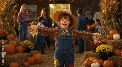Fototapeta Naklejka Na Ścianę i Meble -  Happy child dressed as scarecrow at autumn pumpkin patch farm for fall harvest festival season event