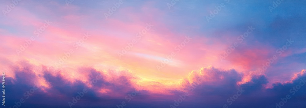 Fototapeta premium Vibrant sunset sky with pink, orange, and purple hues illuminating soft clouds creating a peaceful and awe-inspiring atmosphere