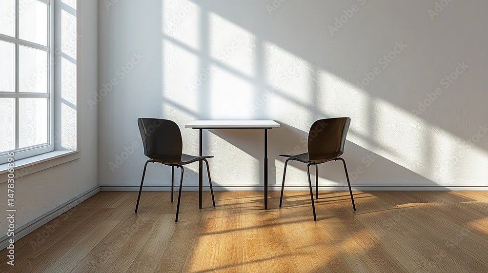 Fototapeta premium Simple room with table and chairs bathed in sunlight.