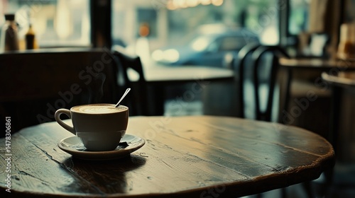 Cup of espresso on round wooden table in cozy cafe interior. Morning light shines through window, casting shadows. Empty chairs surround table. Generative by AI