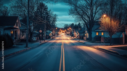 Empty street in small town at twilight with vintage buildings, glowing streetlights, and bare trees. Sky is tinged with purple and orange hues, evoking calm and solitude. Generative by AI