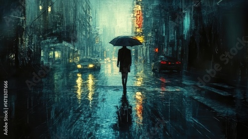 Rainy city street with reflections of neon signs and red lights. Person holding umbrella walks alone past buildings. Wet ground glows under streetlamps. Generative by AI