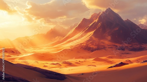 Golden sand dunes under bright sun in clear blue sky. Wavy textures cast soft shadows across vast desert landscape. Dry, hot, and timeless environment. Generative by AI