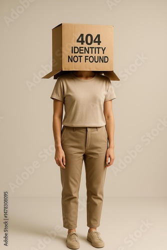 Lost Identity: A solitary individual stands, concealing their face behind a cardboard box. The box bears a message reflecting a profound sense of disorientation and introspection.