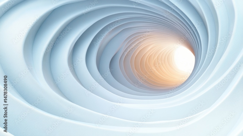 Obraz premium Abstract spiral tunnel with smooth layered curves in shades of blue leading towards warm glowing light at the end creating a sense of depth and calm