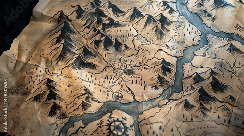 handdrawn trail map with mountains and rivers ink .