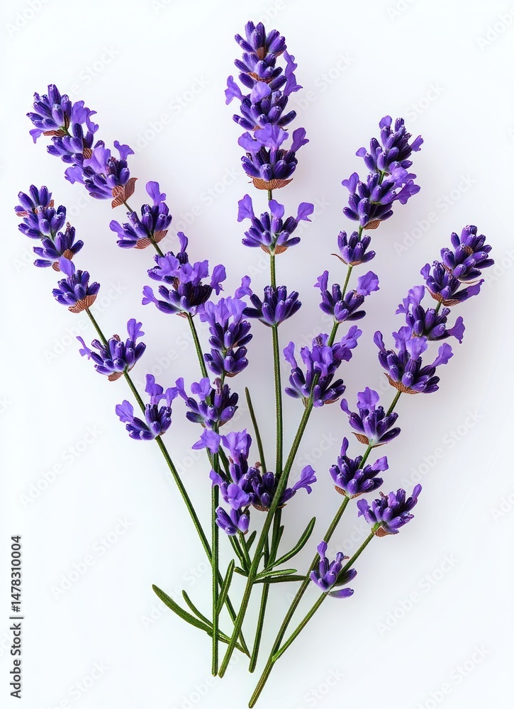 Naklejka premium Close-up of vibrant purple lavender flowers arranged on a white background showcasing delicate petals and green stems