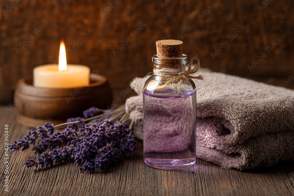 Lavender Essential Oil, Candle, and Towels on Wooden Surface Lavender Essential Oil, Candle, and Towels on Wooden Surface