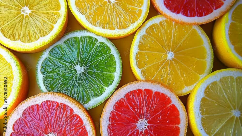 Top view of juicy grapefruit, orange, lemon and lime slices forming a fresh, colorful layout with rich textures and bright tones. Concept of summer freshness and healthy lifestyle