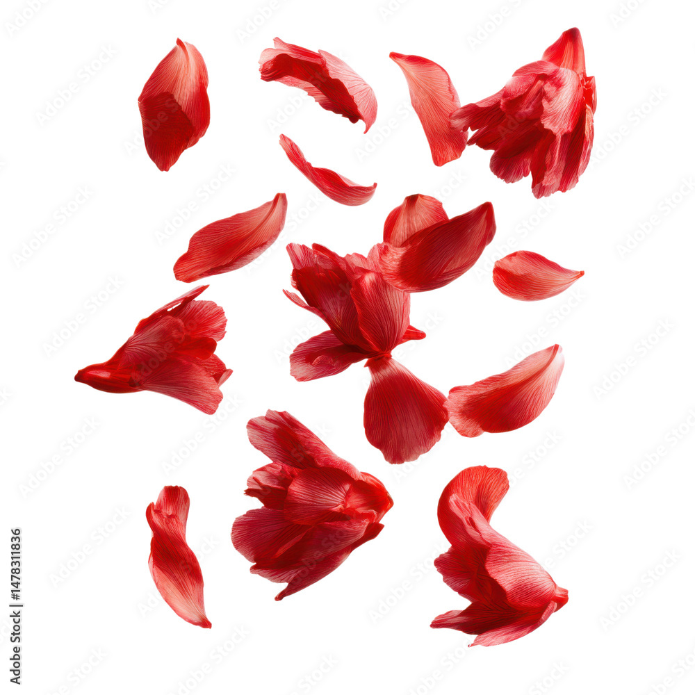Fototapeta premium Flying red petals in the air, beautiful floral levitation isolated on transparent or white background. A high resolution PNG image of Flying red petals in the air, beautiful floral.