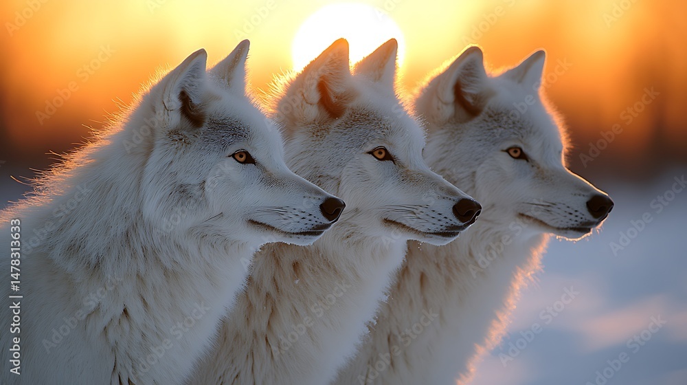 Obraz premium Three arctic wolves at sunset