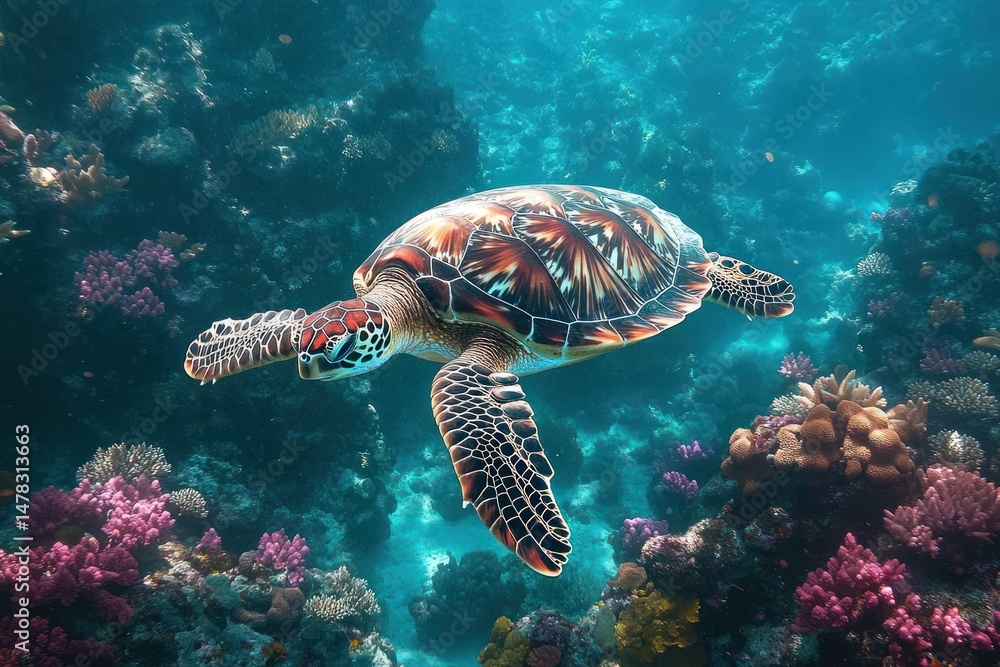 Fototapeta premium Colorful sea turtle swimming gracefully above vibrant coral reef under clear blue ocean water
