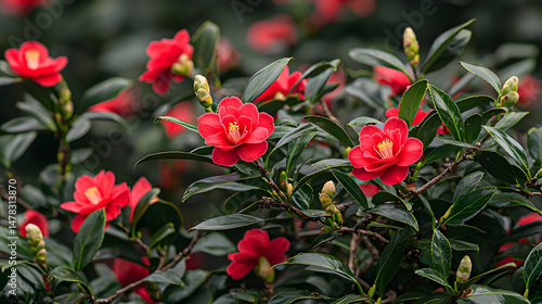 Closeup Of Vibrant Red Camellia Flowers