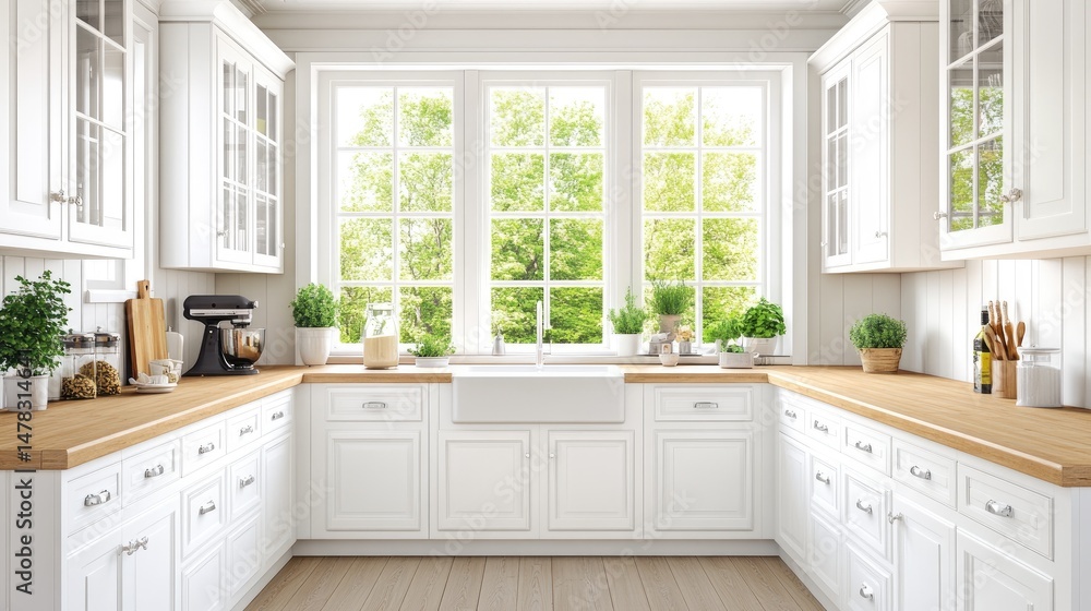 Fototapeta premium Bright, airy kitchen with large windows and white cabinetry.
