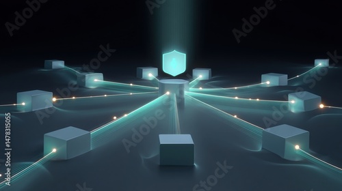 Obraz na płótnie A stylized diagram depicting a decentralized architecture illustrating multiple edge nodes participating in federated learning with encrypted data streams converging at a central secure w salonie