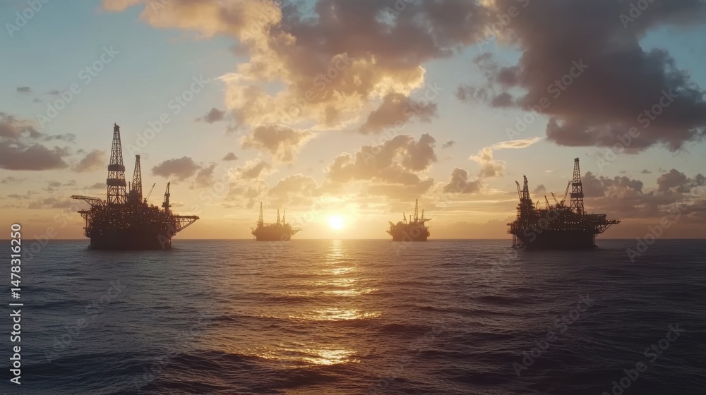 Offshore oil platforms operating during sunset over calm ocean waters Offshore oil platforms operating during sunset over calm ocean waters