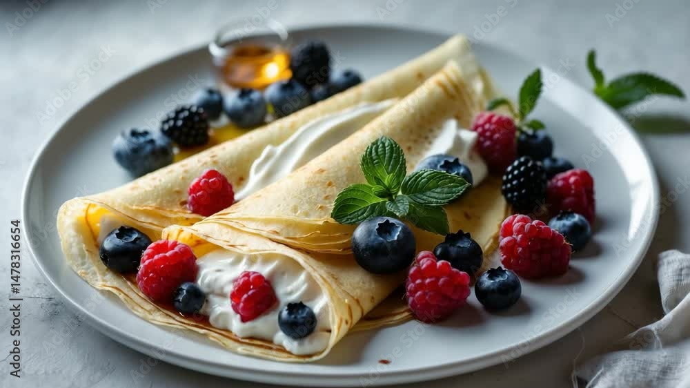 Crepes or thin pancakes with cream cheese, fresh berries, and honey. Crepes or thin pancakes with cream cheese, fresh berries, and honey.
