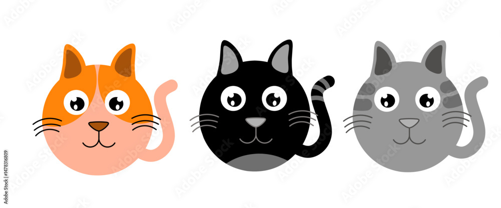 Fototapeta premium White black cat head face line contour silhouette icon set. Cute cartoon funny character. Funny kawaii smiling sad doodle animal. Pet collection. Different emotions. Flat design Baby background 
