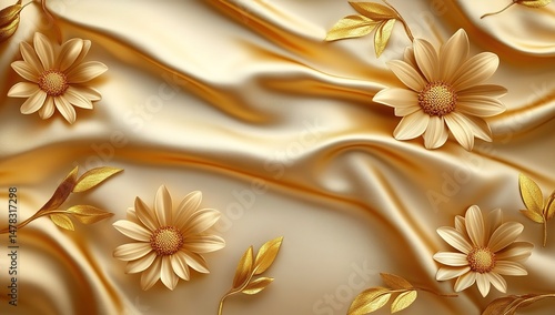 Golden Floral Design On Draped Silk Fabric