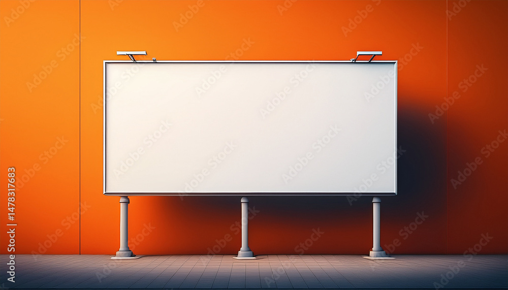 Fototapeta premium a blank billboard standing against a vibrant orange background the billboard s clean and simple design is highlighted with a modern metal frame and two poles supporting it