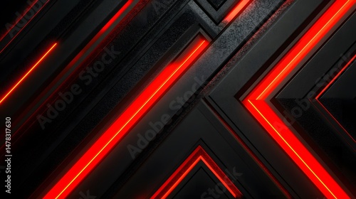 Abstract Red Neon Lines on Dark Geometric Background