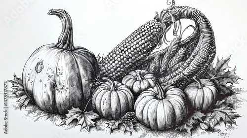 handdrawn thanksgiving cornucopia and pumpkins ink .