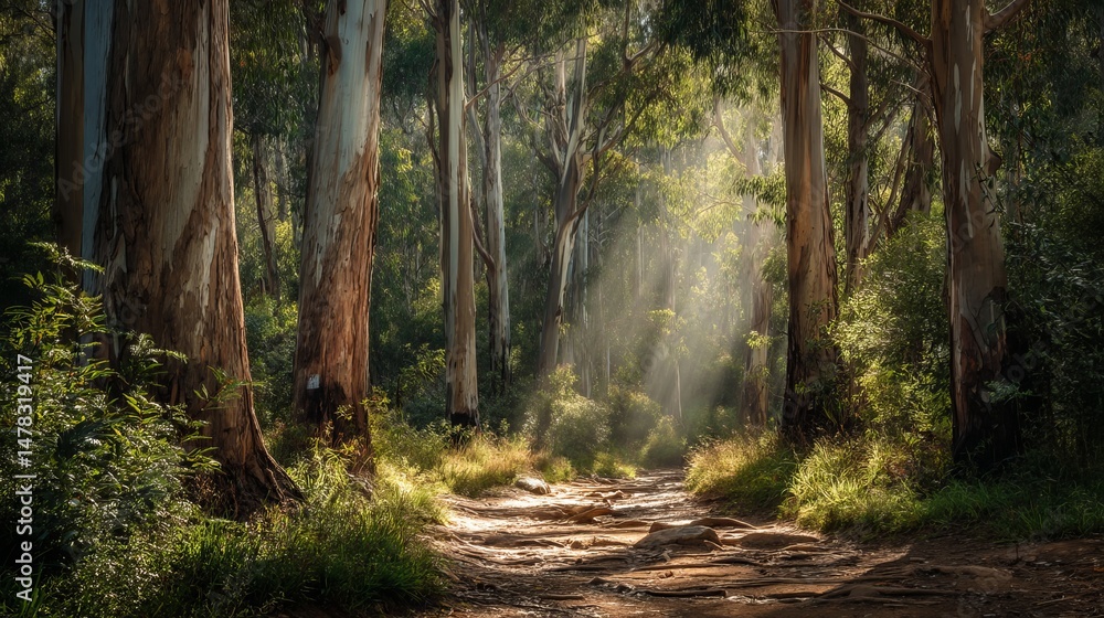 Obraz premium Sunlit Path Through Majestic Eucalyptus Forest Tranquil Nature Scene Serene Woodland Trail Picturesque Landscape Photography Breathtaking Scenery 