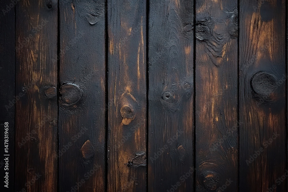 Fototapeta premium close-up view of dark stained wooden planks with visible wood grain and knots creating a rustic textured surface