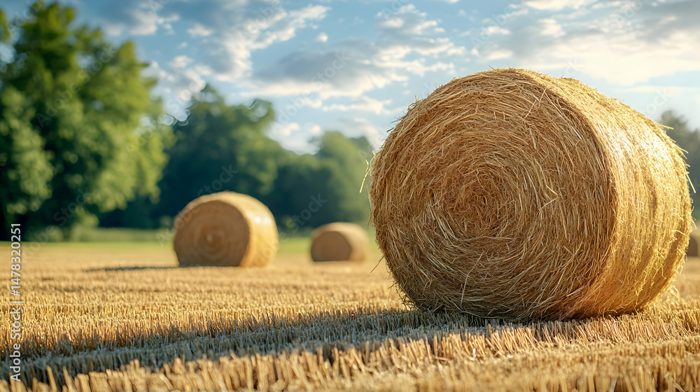 Golden hay bales in sunlit field. Rural summer harvest Golden hay bales in sunlit field. Rural summer harvest