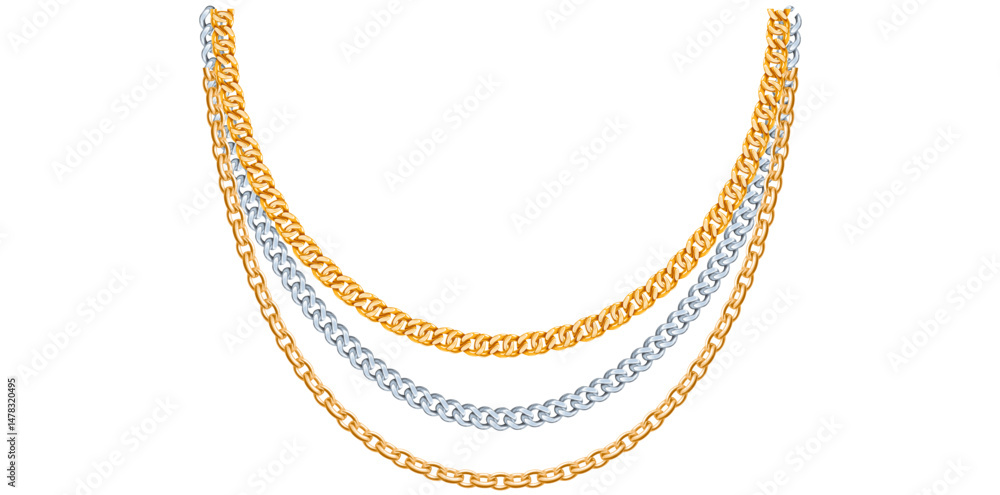 Multilayer Gold And Silver Chains Necklace On White Background, Unique Fine Jewelry Vector Illustration. Multilayer Gold And Silver Chains Necklace On White Background, Unique Fine Jewelry Vector Illustration.