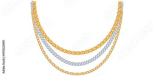 Multilayer Gold And Silver Chains Necklace On White Background, Unique Fine Jewelry Vector Illustration.	