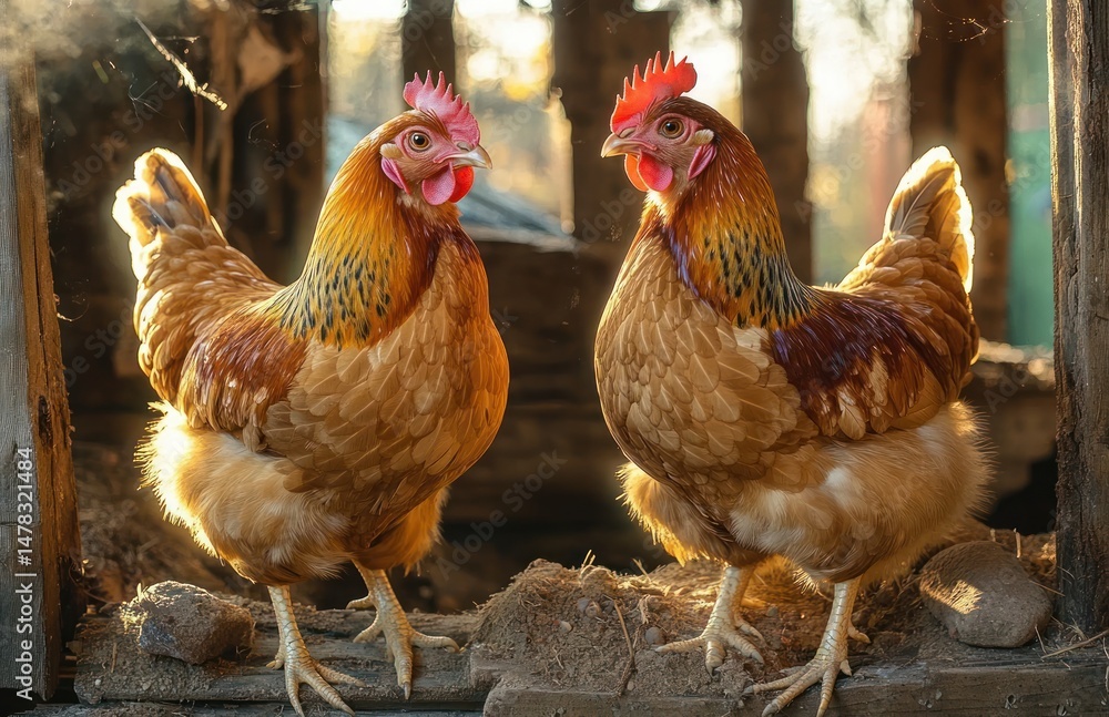 Fototapeta premium Two golden brown chickens facing each other inside a rustic barn with soft natural lighting creating a warm atmosphere