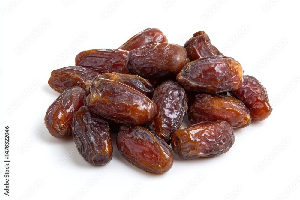A pile of sweet, dark brown dates against a white background. A pile of sweet, dark brown dates against a white background.