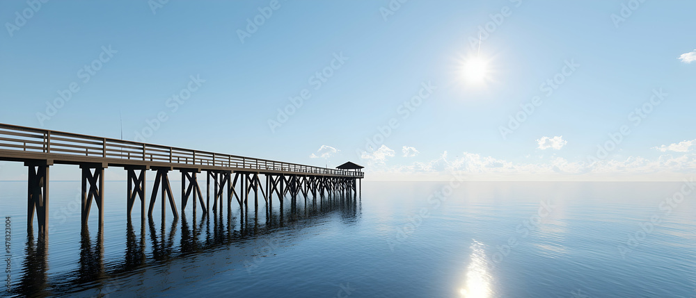 Obraz premium Wooden Pier Over Calm Ocean Under Sunny Blue Sky