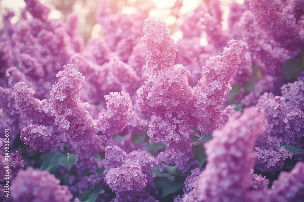 Close-up view of vibrant purple lilac flowers blooming abundantly with soft sunlight creating a dreamy and peaceful atmosphere Close-up view of vibrant purple lilac flowers blooming abundantly with soft sunlight creating a dreamy and peaceful atmosphere