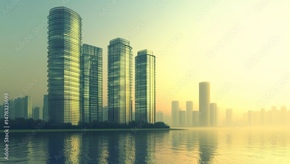 Fototapeta premium Pixelated Cityscape At Sunrise Over Water