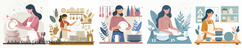 vector character woman is arranging plates