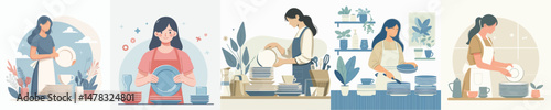 vector character woman is arranging plates